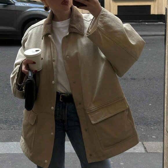 Khaki Casual Women's Loose  Corduroy ColorBlock Collar jacket - Picture 3 of 5